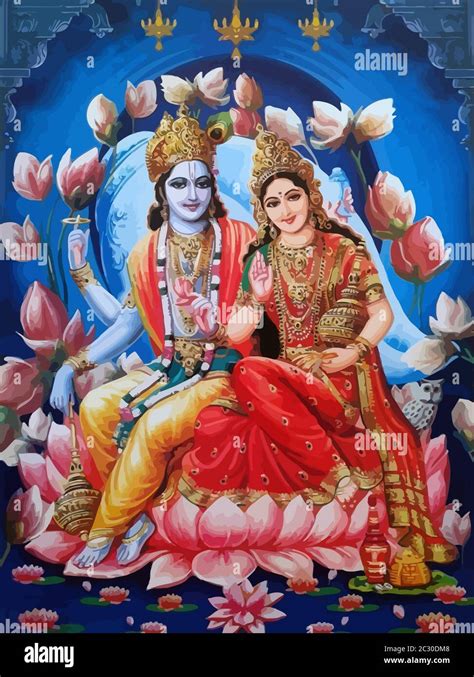 Lord Vishnu Lady Lakshmi Lotus Flower Owl Prosperity Hinduism Mythology