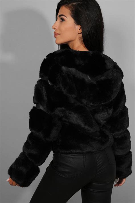 black faux fur panelled cropped jacket singleprice