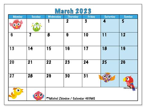 Calendar March 2023 Birds Ms Michel Zbinden Gy