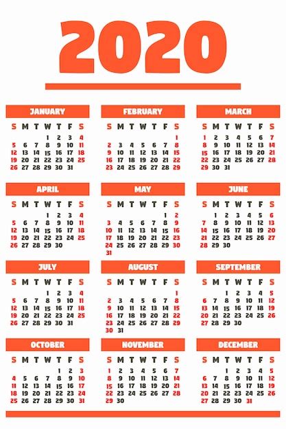 Calendário De Ano 2020 Vermelho Pronto Para Imprimir Estilo Simples