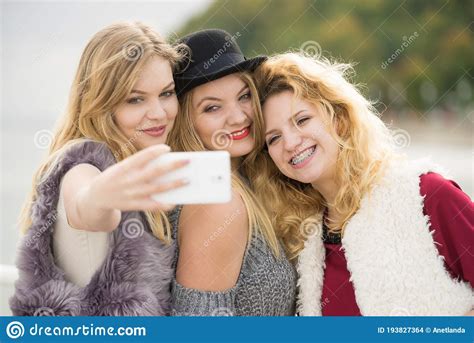 Three Women Taking Selfie Outdoor Stock Photo Image Of Selfie