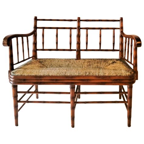 Late 20th Century French Style Faux Bamboo Settee With Rush Seat By