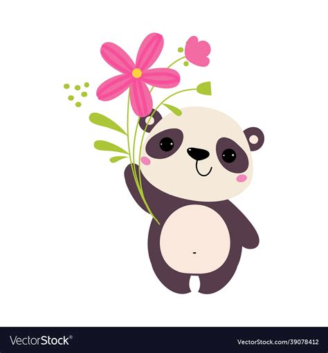 Cute Panda Bear Holding Flower On Green Stalk Vector Image
