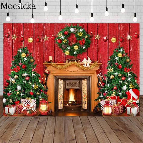 Xmas Backdrop Fireplace Christmas Tree Winter Wood Wall Home Decor