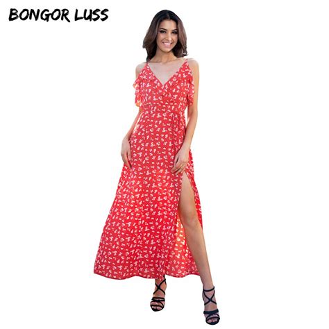 bongor luss sexy v neck ruffle backless sleeveless split maxi dress women summer dress floral