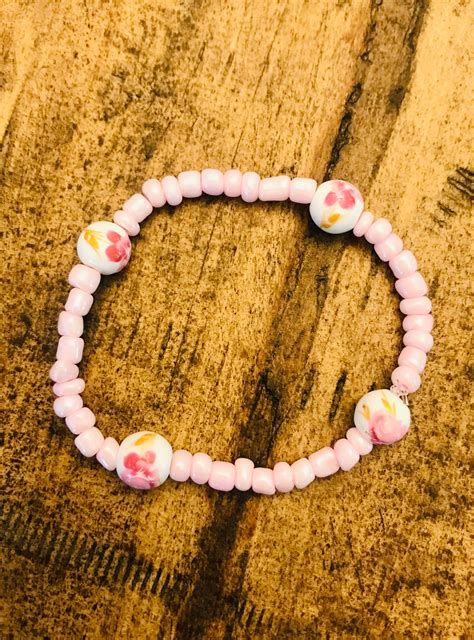 Pink Beaded Bracelet With Pink Floral Beads Etsy