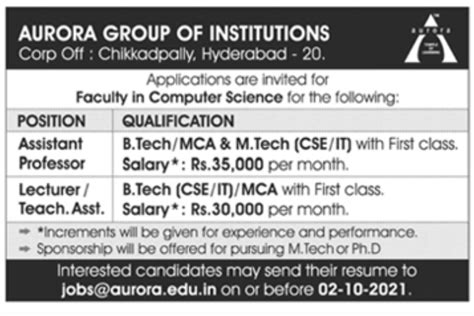 Aurora Group Of Institutions Hyderabad Telangana Wanted Teaching