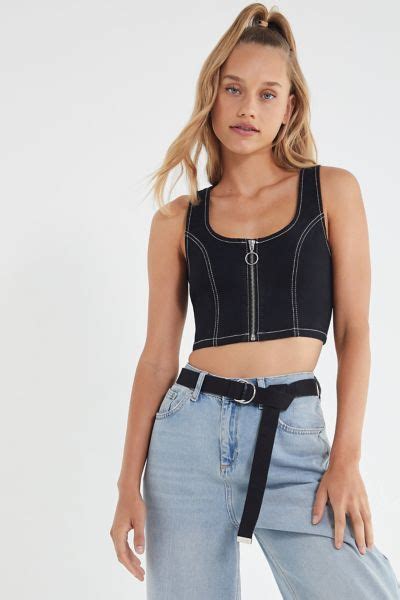 Uo Sierra Denim Zip Front Cropped Top Urban Outfitters