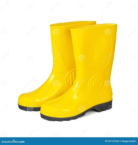 Yellow Rubber Boots With Black Soles Isolated On White Background Stock