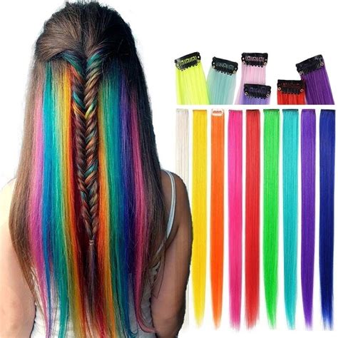 2022 20 Long Straight Fake Colored Hair Extensions Clip In Highlight
