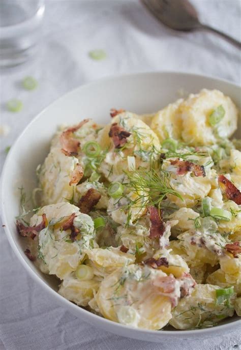 While potatoes are warm, pour on the dressing. Sour Cream Potato Salad with Bacon (Potato Salad Without Mayo)
