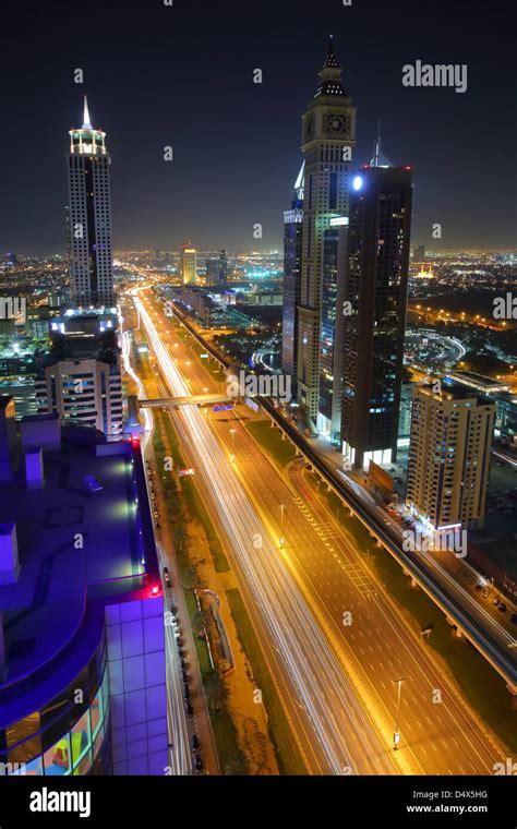 Skyscrapers Along Sheikh Zayed Road At Night Dubai United Arab