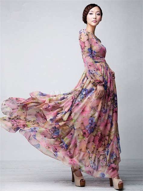 We offer fashion and quality at the best price in a more sustainable way. Pink Floral Printed Chiffon Maxi Dress | Floral evening ...