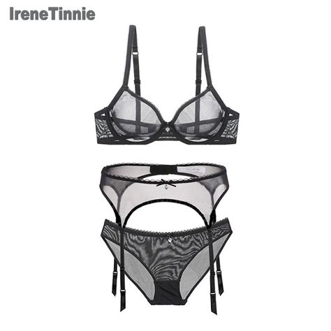 irene tinnie lace sheer garter sexy lingerie set women intimates underwire see through bra and