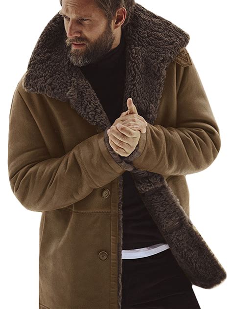 kamamen men s winter warm jacket fleece thick coats long sleeve lapel buttons fluffy overcoat