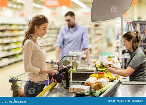 Woman Buying Food At Grocery Store Cash Register Stock Image Image Of