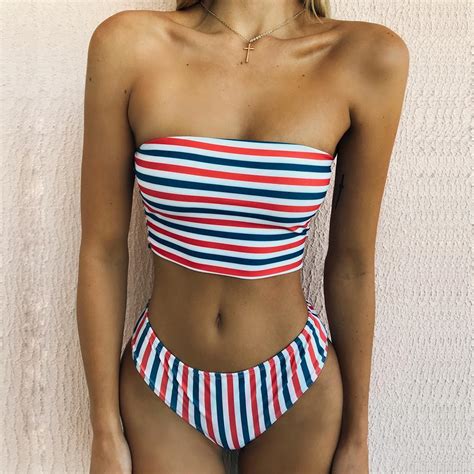 Istider 2018 Strapless Sexy Bikini Set Women Swimwear Stripe Bandeau