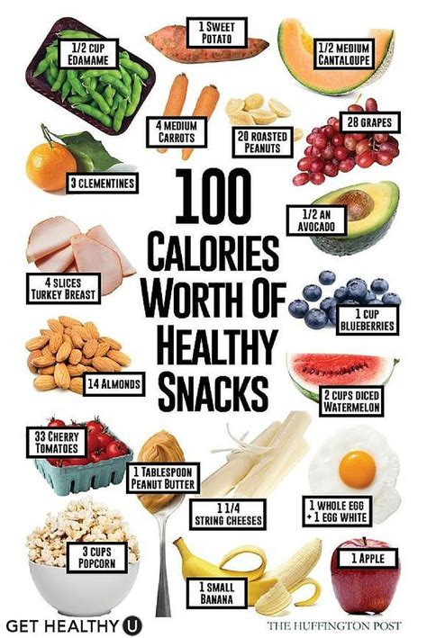 A Poster With The Words 100 Calories Worth Of Healthy Snacks On Its Side