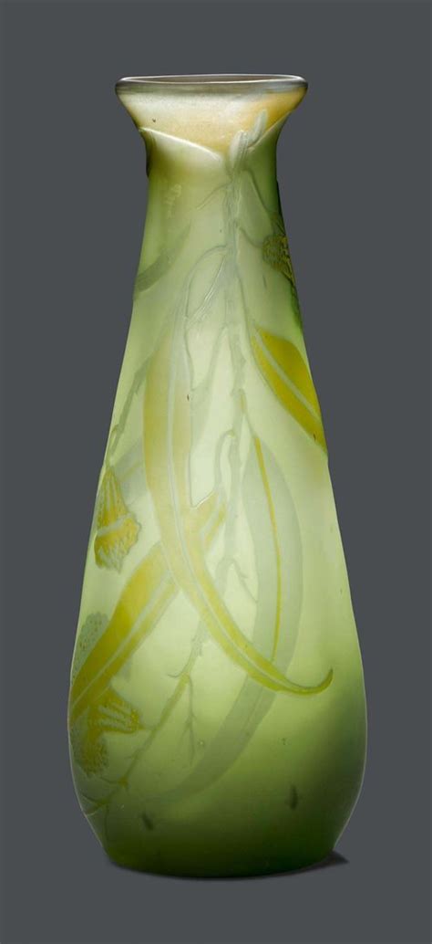 Emile Galle Vase Circa 1900 White Glass With Green Overlay And Etching Conical Vessel
