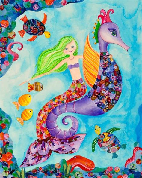 Giclee Art Print Mermaid Seahorse Whimsical By Eightannas Mermaid
