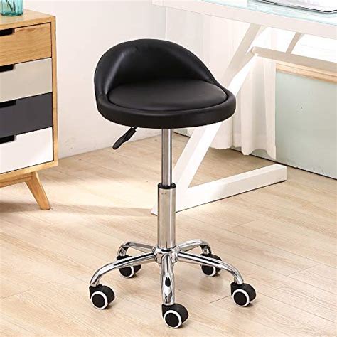 Kktoner Pu Leather Round Rolling Stool With Back Rest Height Adjustable