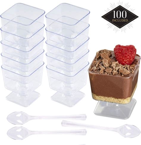 100 Disposable Square Plastic Dessert Cups Clear As Glass 2oz 60ml With 100 Spoons Sturdy