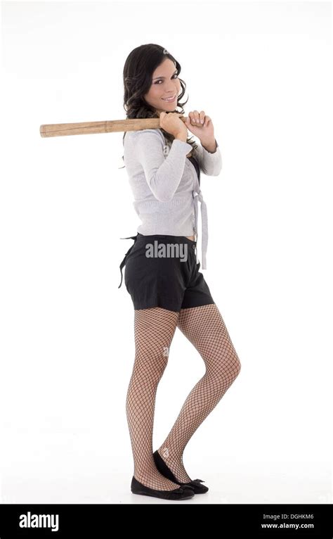Pretty Hispanic Lady With A Baseball Bat Studio Portrait Stock Photo