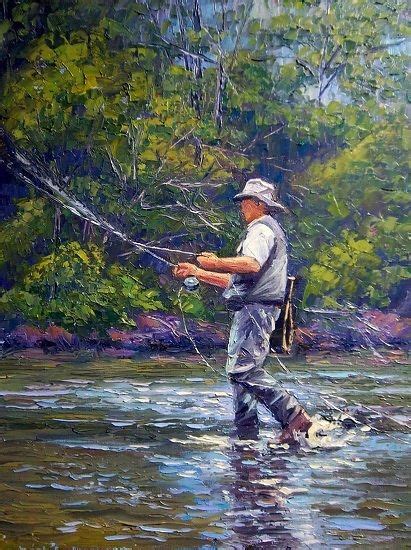 Fly Fishing By Brocha Teichman Oil ~ 16 Inches X 12 Inches Fish