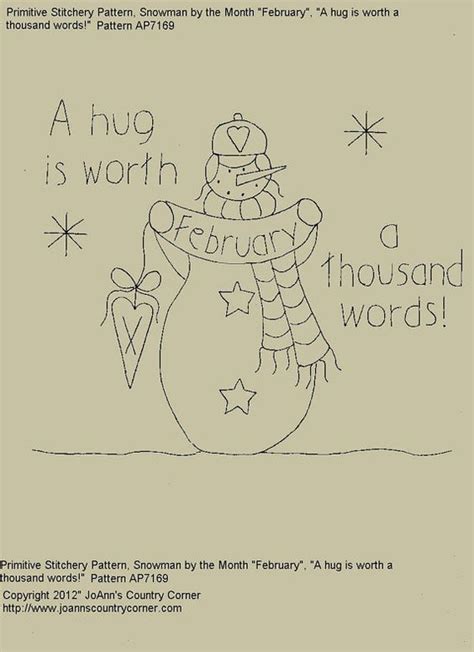 Primitive Stitchery E Pattern Snowman By Month February A Hug Is