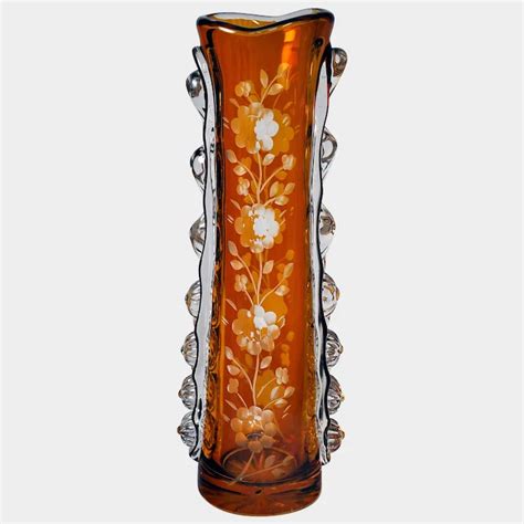 Bohemia Art Glass Vase Cut To Clear Amber With Floral Decor Ruby Lane