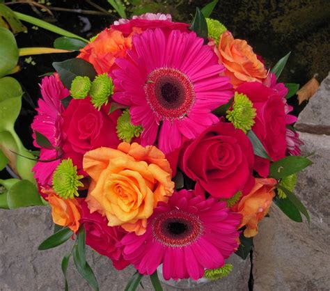 Hot Pink And Orange Gerbera Daisy And Rose Bouquet Orange Wedding