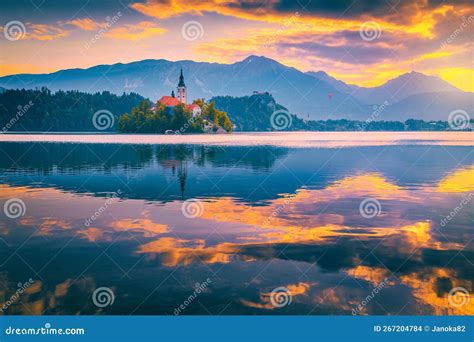 Magical Sunrise With Colorful Clouds Over The Lake Bled Slovenia Stock