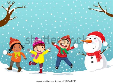 Winter Fun Happy Children Playing Snow Stock Vector Royalty Free