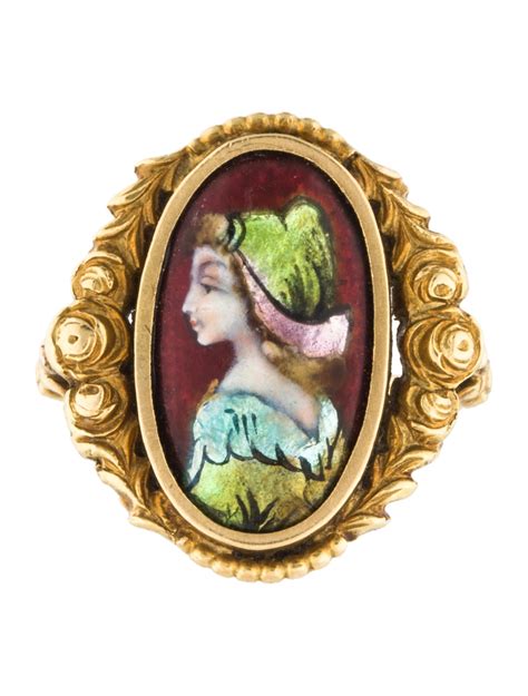 Limoges Louis Clément 14k Vintage Enamel Portrait Ring Rings