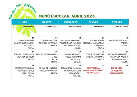 MenÚ Escolar Mes De Abril De 2023 Ceip JosÉ Luis Albendea Y GÓmez