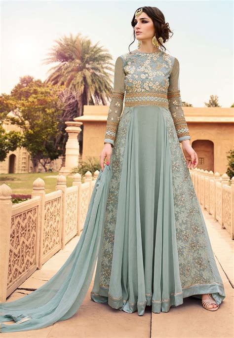 Embroidered Net And Georgette Abaya Style Suit In Pastel Blue Abaya Fashion Designer Anarkali