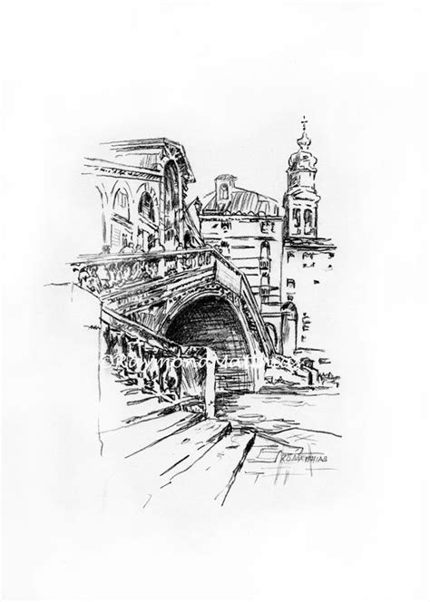 Pen & ink drawing | venice landscape full version. Venice Italy Rialto bridge pencil pen and ink drawing