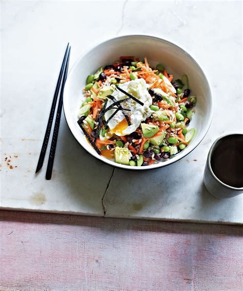 Adzuki Bean Brown Rice And Edamame Sushi Salad With Poached Egg