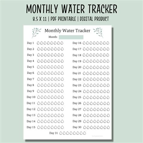 Monthly Water Tracker Printable Water Intake Template Etsy España