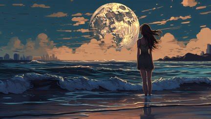 Women Long Hair AI Art Night Moon Beach Clouds Sky Waves Standing In Water Full Moon
