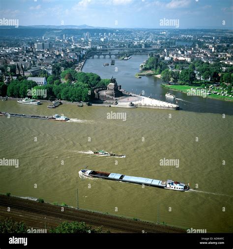Barges And Deutsches Eck Confluence Of The Rhine And Mosel Rivers