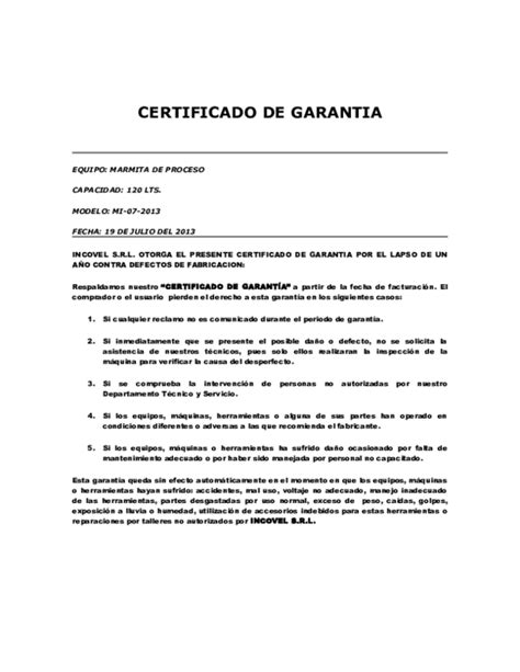 Certificado De Garantia Docx Gambaran