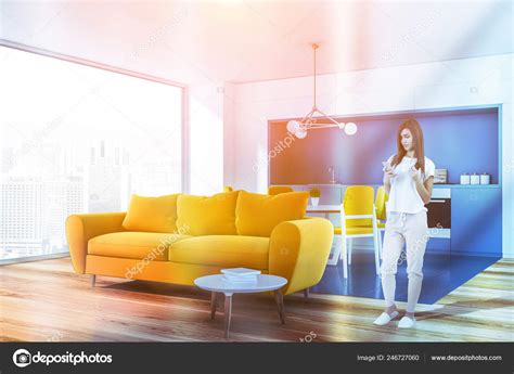 Woman Corner Modern Living Room White Walls Wooden Floor Panoramic