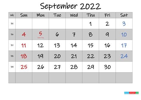 September 2022 Calendar With Holidays Printable Free Printable