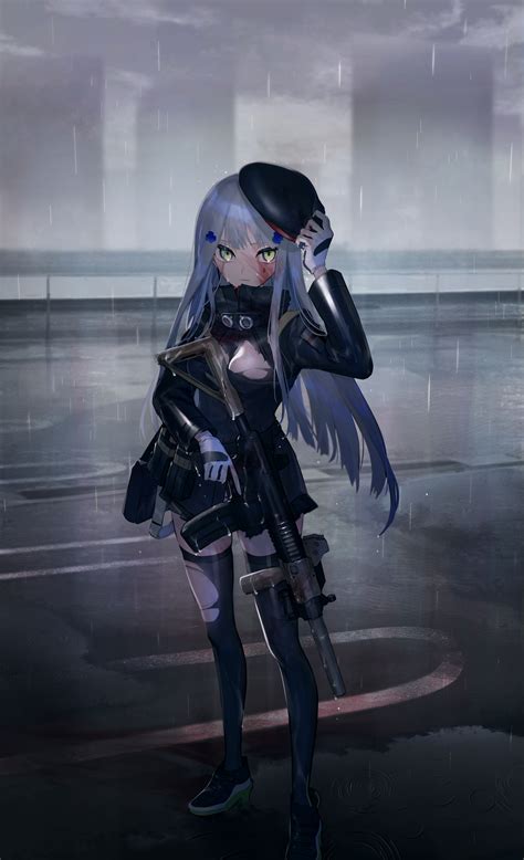 Safebooru 1girl Absurdres Assault Rifle Bangs Beret Black Legwear