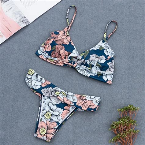 flower printed spaghetti strap padded low waist women bikini set in bikinis set from sports