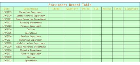 Stationery Record Tablexlsx Spreadsheet Templates Wps Template