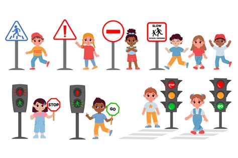 Children With Traffic Light And Caution Sign Road Safety Rules Carto