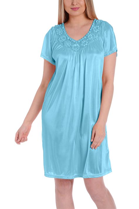 EZI EZI Women S Plus Satin Silk Short Sleeve Sequins Nightgown