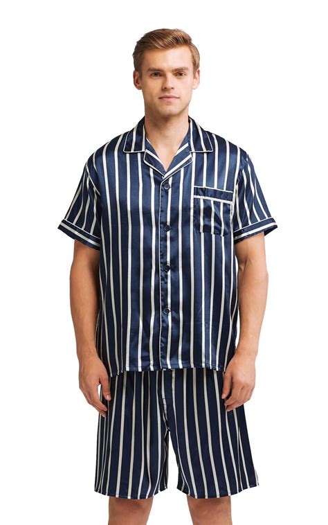 Mens Silk Satin Pajama Set Short Sleeve Navy And Beige Striped Tony